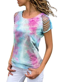 Anna-Kaci Womens Tie Dye Printed Ripped Cut Out Short Sleeve Stretch Casual Tops T-Shirts