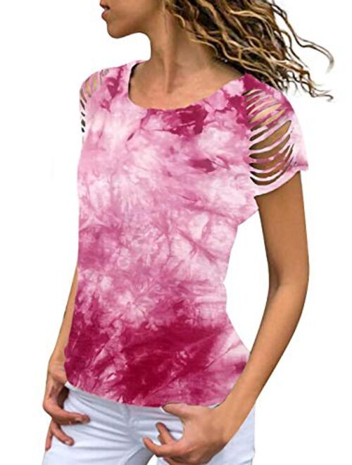 Anna Kaci Anna-Kaci Womens Tie Dye Printed Ripped Cut Out Short Sleeve Stretch Casual Tops T-Shirts