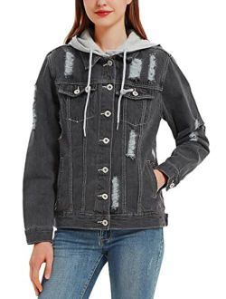 Anna-Kaci Women's Casual Loose Boyfriend Ripped Distressed Detachable Hoodie Denim Jacket Jean Coats