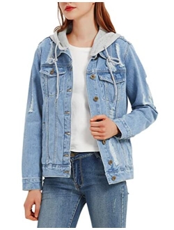 Anna-Kaci Women's Casual Loose Boyfriend Ripped Distressed Detachable Hoodie Denim Jacket Jean Coats