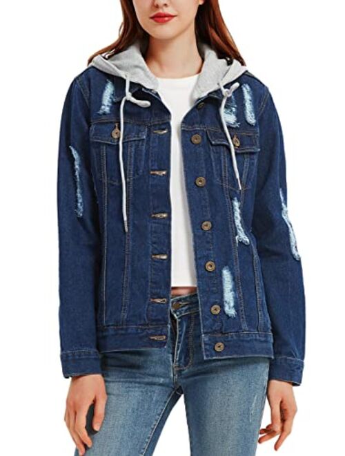 Anna Kaci Anna-Kaci Women's Casual Loose Boyfriend Ripped Distressed Detachable Hoodie Denim Jacket Jean Coats