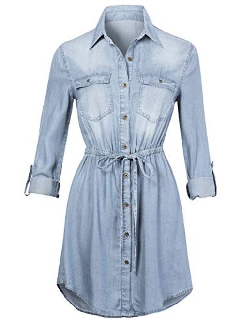 Anna Kaci Anna-Kaci Women Jean Shirt Dress Long Sleeves Waist Ties Casual Short Chambray Denim