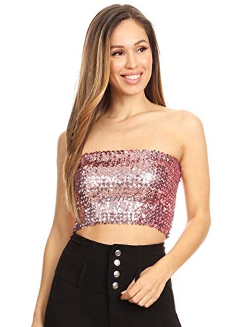 Anna Kaci Anna-Kaci Womens Shiny Sequin Party Cropped Strapless Bandeau Stretch Tube Top