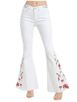 Anna-Kaci Womens Floral Daisy Embroidered Mid Rise Bell Bottom Flare Frayed Hem Jeans