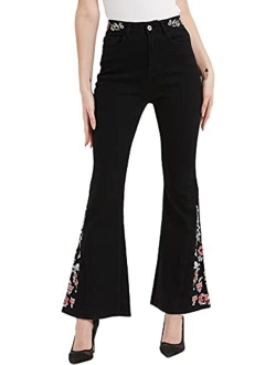 Anna-Kaci Womens Floral Daisy Embroidered Mid Rise Bell Bottom Flare Frayed Hem Jeans