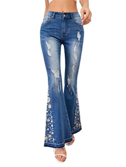 Anna-Kaci Womens Floral Daisy Embroidered Mid Rise Bell Bottom Flare Frayed Hem Jeans