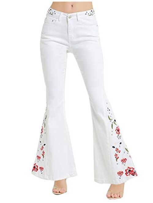 Anna Kaci Anna-Kaci Womens Floral Daisy Embroidered Mid Rise Bell Bottom Flare Frayed Hem Jeans