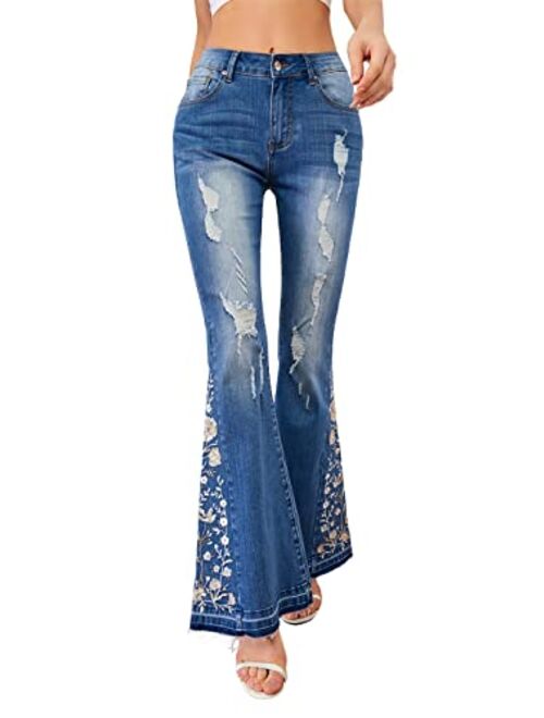 Anna Kaci Anna-Kaci Womens Floral Daisy Embroidered Mid Rise Bell Bottom Flare Frayed Hem Jeans