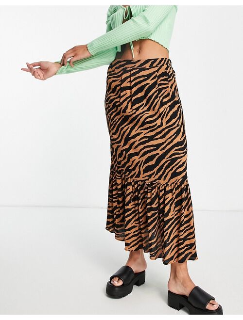 Topshop tiered zebra printed skirt in brown