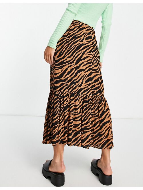 Topshop tiered zebra printed skirt in brown