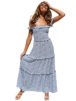 Anna-Kaci Women's Casual Off Shoulder Ruffle Dress Boho Floral Print Summer Beach Maxi Dresses