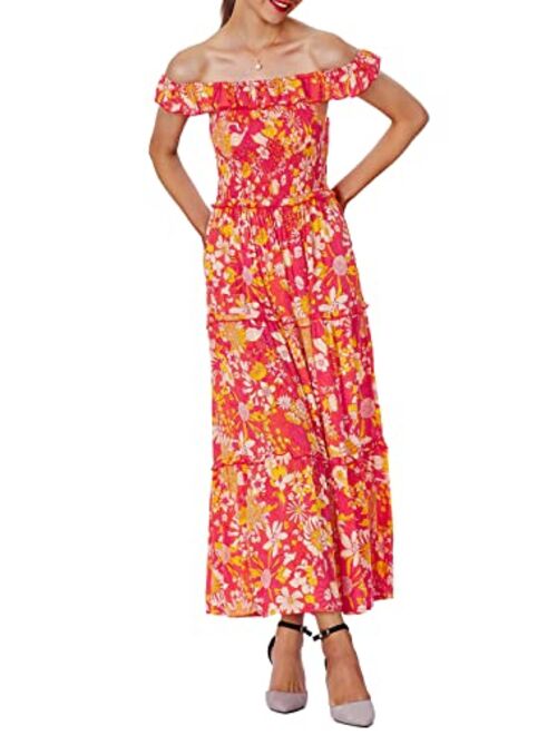 Anna Kaci Anna-Kaci Women's Casual Off Shoulder Ruffle Dress Boho Floral Print Summer Beach Maxi Dresses