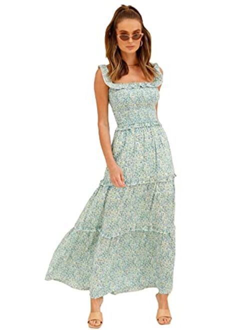 Anna Kaci Anna-Kaci Women's Casual Off Shoulder Ruffle Dress Boho Floral Print Summer Beach Maxi Dresses