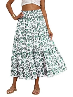 BTFBM Women Summer Floral Print Long Skirts Casual Elastic High Waist Vintage Pleated Swing A Line Maxi Beach Boho Skirt