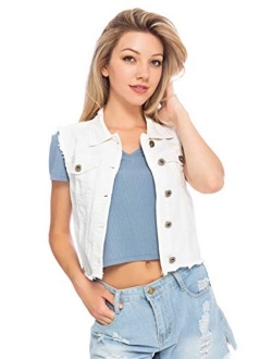 Anna-Kaci Womens Juniors Cotton Denim Blue Sleeveless Crop Jacket Jean Vest