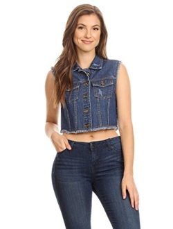 Anna-Kaci Womens Juniors Cotton Denim Blue Sleeveless Crop Jacket Jean Vest