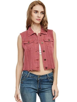 Anna-Kaci Womens Juniors Cotton Denim Blue Sleeveless Crop Jacket Jean Vest