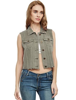 Anna-Kaci Womens Juniors Cotton Denim Blue Sleeveless Crop Jacket Jean Vest