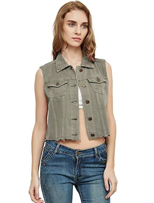 Anna Kaci Anna-Kaci Womens Juniors Cotton Denim Blue Sleeveless Crop Jacket Jean Vest