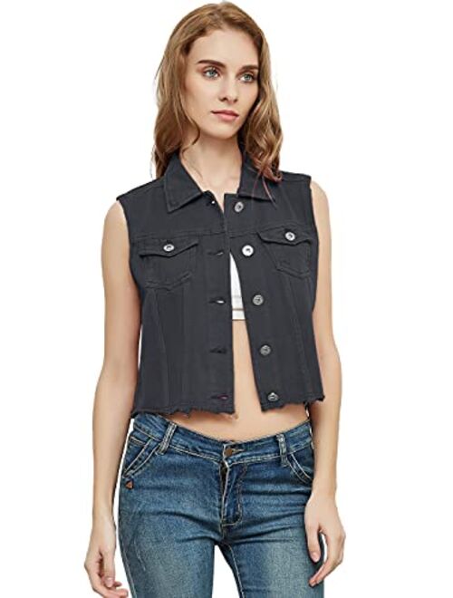 Anna Kaci Anna-Kaci Womens Juniors Cotton Denim Blue Sleeveless Crop Jacket Jean Vest