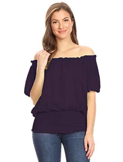 Anna-Kaci Womens Peasant Blouse Off Shoulder Ruffle Shirts Boho Short Sleeve Smocked Top