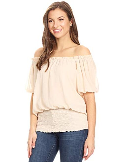 Anna Kaci Anna-Kaci Womens Peasant Blouse Off Shoulder Ruffle Shirts Boho Short Sleeve Smocked Top