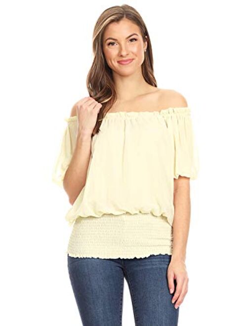 Anna Kaci Anna-Kaci Womens Peasant Blouse Off Shoulder Ruffle Shirts Boho Short Sleeve Smocked Top