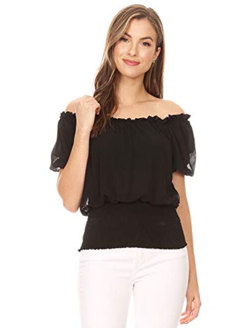 Anna Kaci Anna-Kaci Womens Peasant Blouse Off Shoulder Ruffle Shirts Boho Short Sleeve Smocked Top