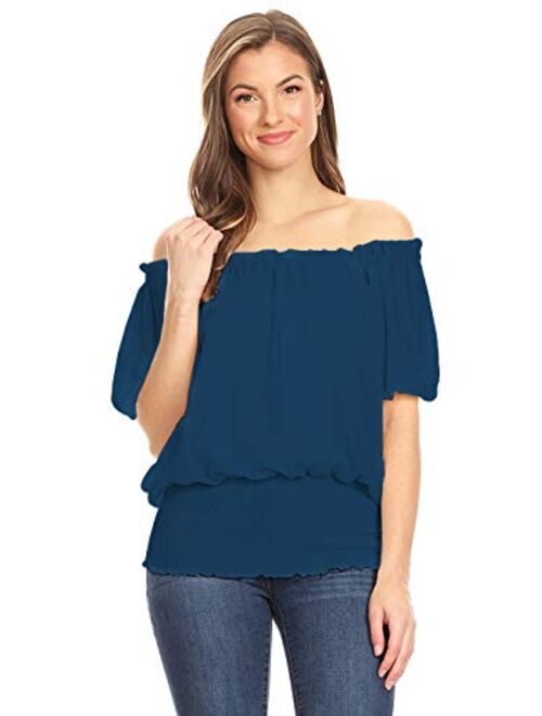 Anna Kaci Anna-Kaci Womens Peasant Blouse Off Shoulder Ruffle Shirts Boho Short Sleeve Smocked Top