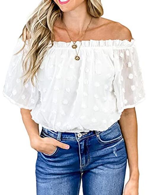 Anna Kaci Anna-Kaci Womens Peasant Blouse Off Shoulder Ruffle Shirts Boho Short Sleeve Smocked Top