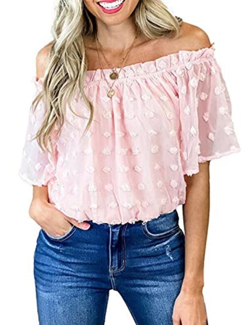 Anna Kaci Anna-Kaci Womens Peasant Blouse Off Shoulder Ruffle Shirts Boho Short Sleeve Smocked Top