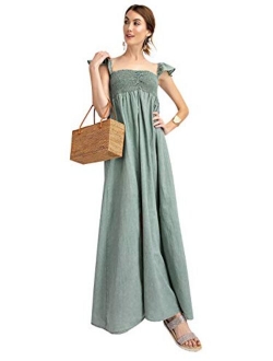 Anna-Kaci Ruffled Cap Sleeve Smocked Ruche Bodice Front Slit Maxi Long Beach Vacation Dress