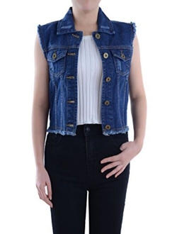 Anna-Kaci Womens Distressed Denim Button Up Sleeveless Crop Vest