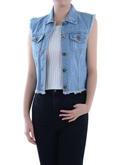 Anna-Kaci Womens Distressed Denim Button Up Sleeveless Crop Vest