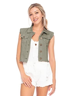 Anna-Kaci Womens Distressed Denim Button Up Sleeveless Crop Vest