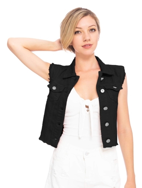 Anna Kaci Anna-Kaci Womens Distressed Denim Button Up Sleeveless Crop Vest