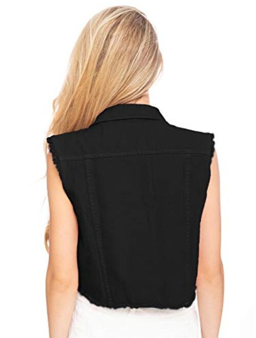 Anna Kaci Anna-Kaci Womens Distressed Denim Button Up Sleeveless Crop Vest