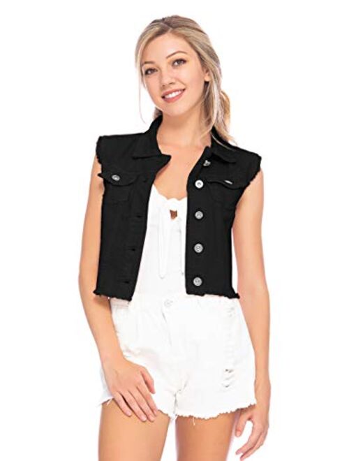 Anna Kaci Anna-Kaci Womens Distressed Denim Button Up Sleeveless Crop Vest