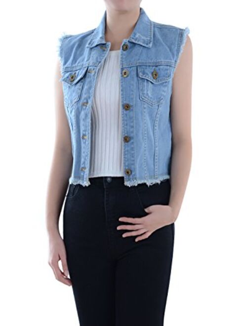 Anna Kaci Anna-Kaci Womens Distressed Denim Button Up Sleeveless Crop Vest