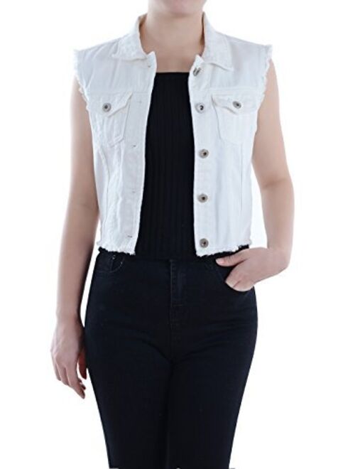 Anna Kaci Anna-Kaci Womens Distressed Denim Button Up Sleeveless Crop Vest