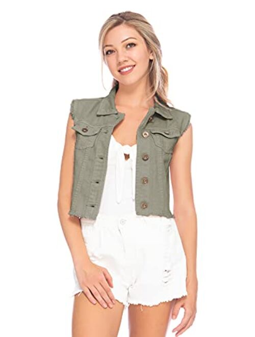 Anna Kaci Anna-Kaci Womens Distressed Denim Button Up Sleeveless Crop Vest