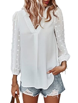 Anna-Kaci Womens Chiffon Blouse V Neck Pom Pom Tops Long Sleeve Swiss Dot Shirts