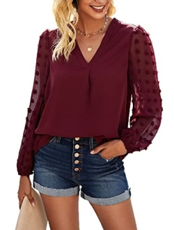 Anna-Kaci Womens Chiffon Blouse V Neck Pom Pom Tops Long Sleeve Swiss Dot Shirts