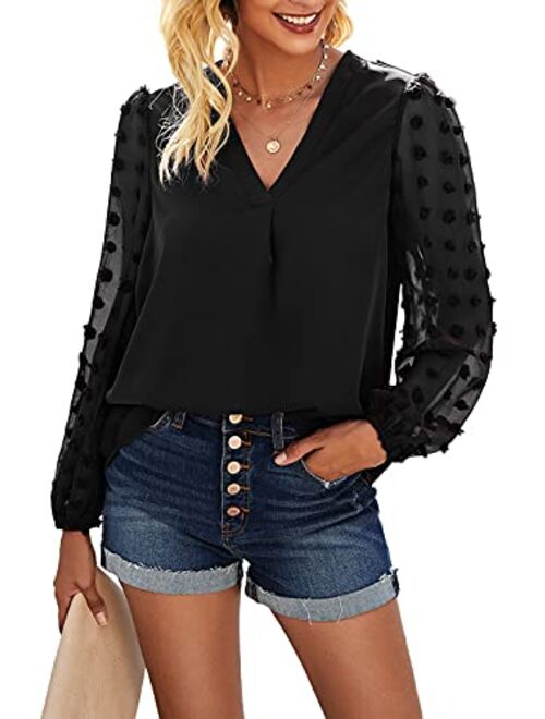 Anna Kaci Anna-Kaci Womens Chiffon Blouse V Neck Pom Pom Tops Long Sleeve Swiss Dot Shirts