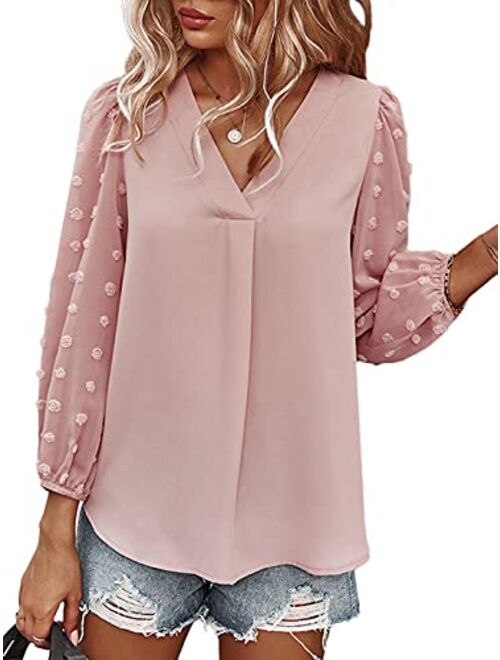 Anna Kaci Anna-Kaci Womens Chiffon Blouse V Neck Pom Pom Tops Long Sleeve Swiss Dot Shirts