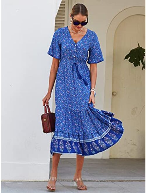 Anna Kaci Anna-Kaci Women Floral V-Neck Boho Short Sleeve Summer Belted Ruffle Maxi Dress