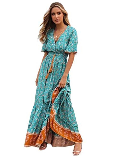 Anna Kaci Anna-Kaci Women Floral V-Neck Boho Short Sleeve Summer Belted Ruffle Maxi Dress