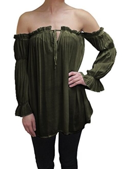 Anna-Kaci Womens Semi Sheer Boho Peasant Long Sleeve Off The Shoulder Top