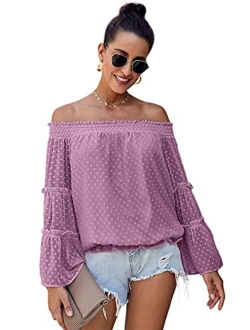 Anna-Kaci Womens Semi Sheer Boho Peasant Long Sleeve Off The Shoulder Top