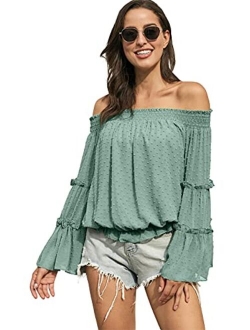 Anna-Kaci Womens Semi Sheer Boho Peasant Long Sleeve Off The Shoulder Top